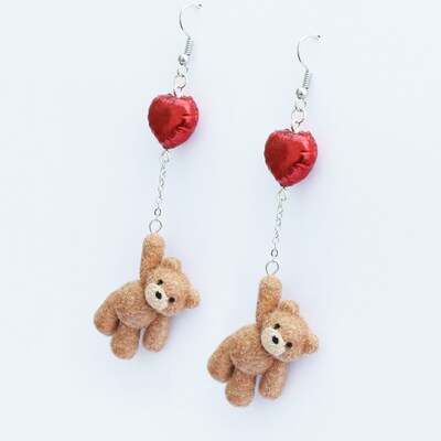 Teddy Bear Holding Heart Balloon Earrings - Miniature Jewelry - Valentine Gift Ideas - Valentine's Day Gift For Girlfriend Wife Fiance Her - image2